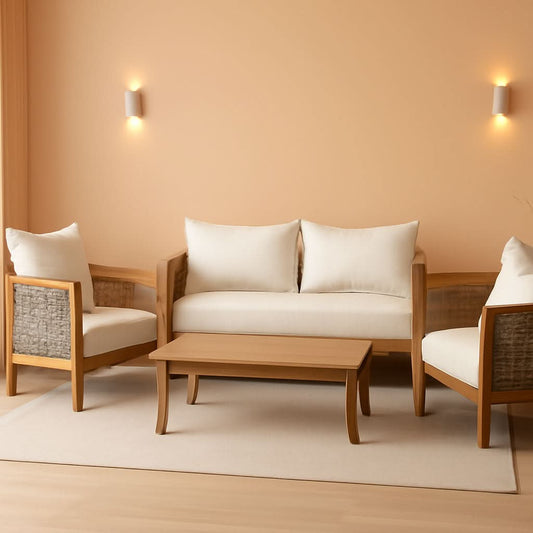 Burchett Outdoor 4 Piece Chat Set Acacia Wood And Wicker Teak Brown Beige