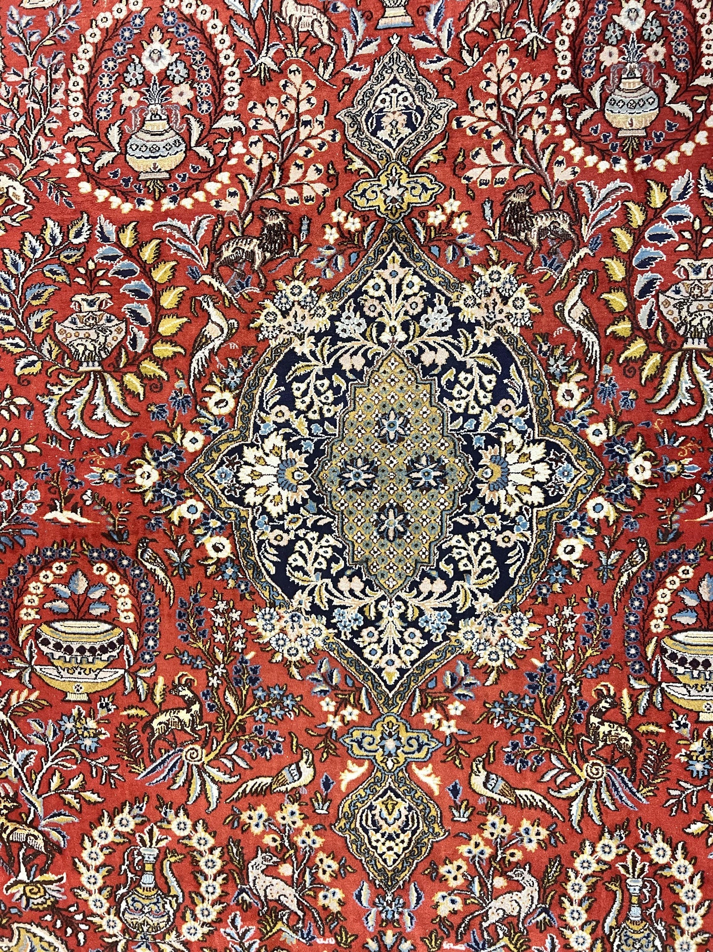 Wonderful Persian Qum Rug 10x14, Wool w/ Silk Highlights, Hand Knotted Semi Antique Vintage Carpet, Red, Floral, Fine Weave, Birds Deer Pictorials