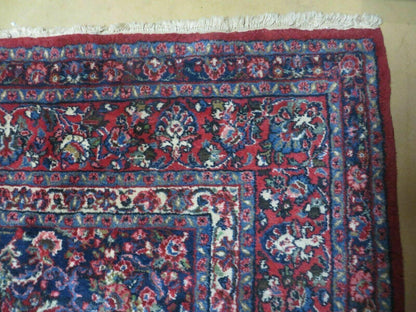 9x12 Persian Sarouk Rug - Semi Open Field Medallion Rug - Ivory Red Blue Hand Knotted Wool Oriental Carpet 9 x 12 Antique Rug - Vegetable Dyes