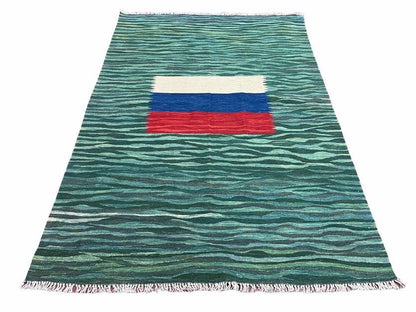 Sea Green Kilim Area Rug, White Blue Red Stripes, Russian Flag Rug, Flatweave Hand Knotted Carpet, Turkish Carpet, Wool, New, 5' 6" x 7' 10"