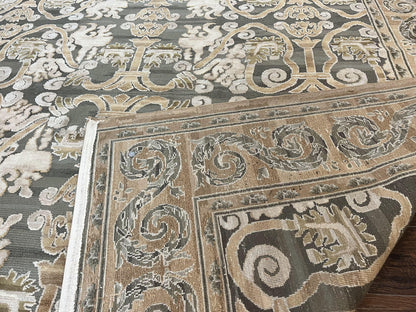 Spanish Rug 11x14, Wool Hand Knotted Vintage Carpet, Olive Green and Beige, Floral Allover, European Design, 11 x 14 Rug