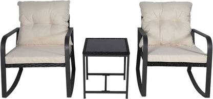 Three Piece Patio Bistro Set With Rocking Chairs And Cushions Beige Outdoor Garden Furniture
