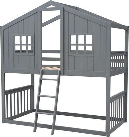 Gray Twin Over Twin House Bunk Bed With Roof For Kids