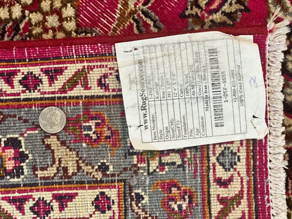 Persian Rug 10x13, Wool Hand Knotted Antique Kashmar Carpet, Raspberry Red & Navy Blue, Floral Medallion, Traditional Oriental Rug 10 x 13