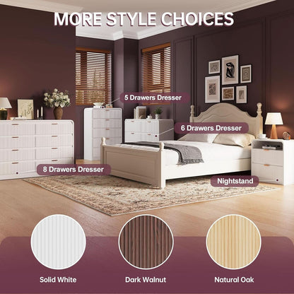 Fluted 6 Drawer Dresser 54 Inch White Solid Wood Storage