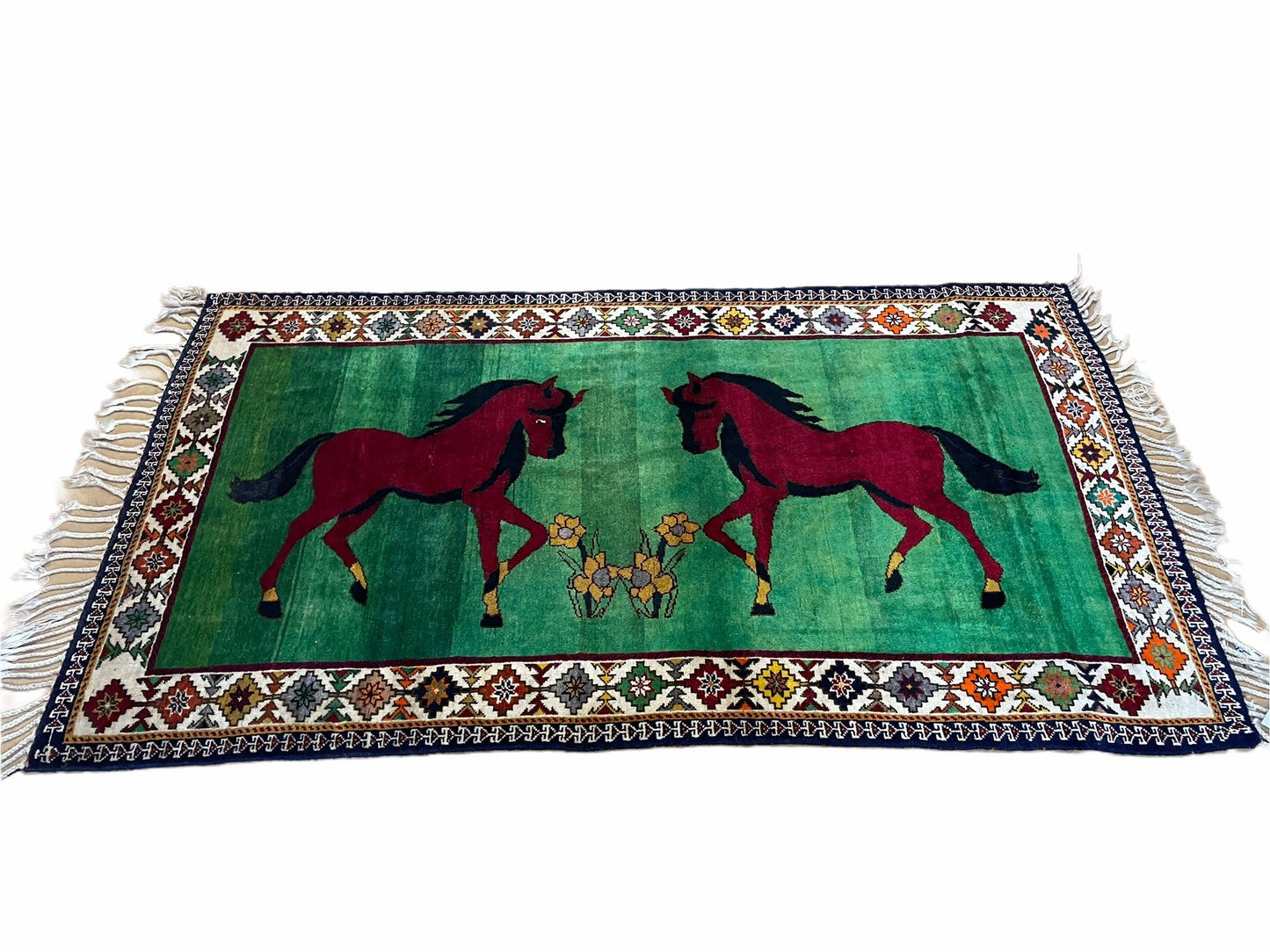 4 X 7 Handmade Rug Zagros Quality Wool Pictorial Horses Green Butterfly Colorful