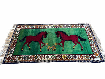 4 X 7 Handmade Rug Zagros Quality Wool Pictorial Horses Green Butterfly Colorful