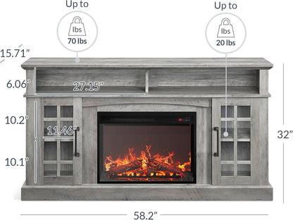 58 Inch Rustic TV Stand With Electric Fireplace And Storage