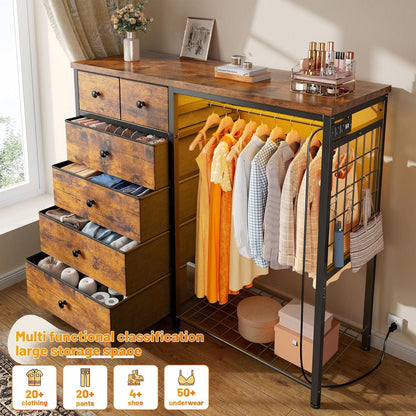 49 Inch Rustic Brown Dresser With Clothes Rack LED Lights