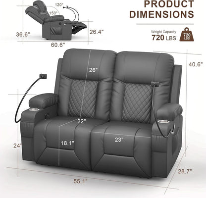 Gray PU Leather Two Seater Recliner Loveseat With USB Ports