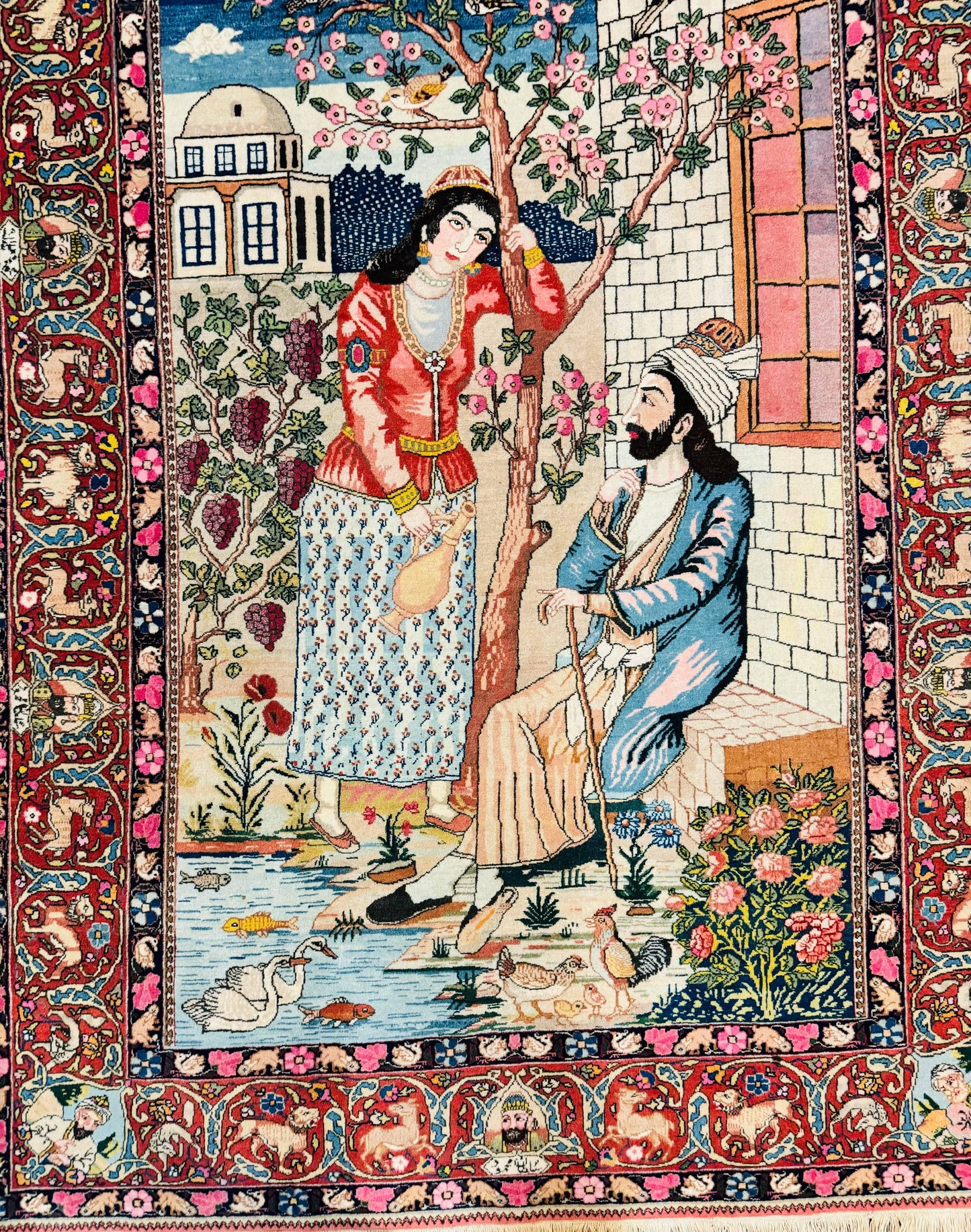 Wonderful Persian Kashan Pictorial Rug 4.7 x 6.5, Persian Rug for Wall Hanging, Handmade Antique Wool Carpet Animal Motifs Poetry Lovers, 240 KPSI