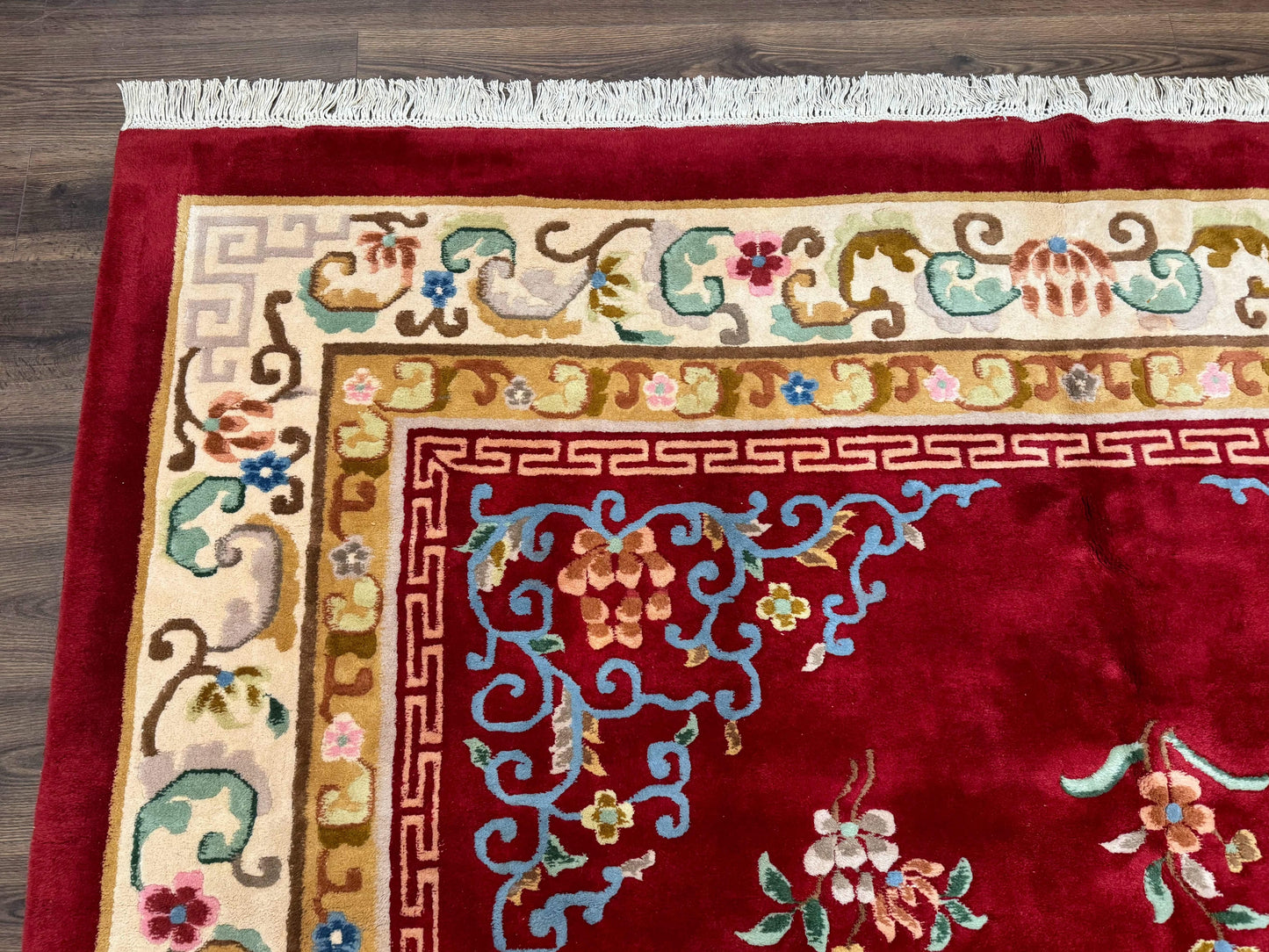 Indo Chinese Wool Rug 9x12, Red Art Deco Carpet, Vintage