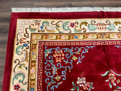 Indo Chinese Wool Rug 9x12, Red Art Deco Carpet, Vintage