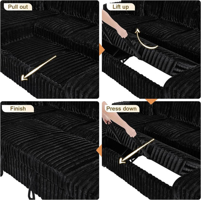 Black 122Inch U Shaped Sleeper Sectional USB Charging Ports