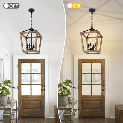 4 Light Farmhouse Chandelier With Rustic Wood Cage Light