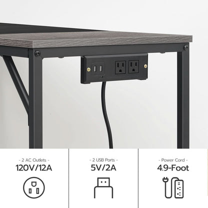 Charcoal Gray Computer Desk With Power Outlet And Hooks