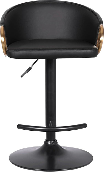 Adjustable Black Faux Leather Swivel Barstool with Gold Accents