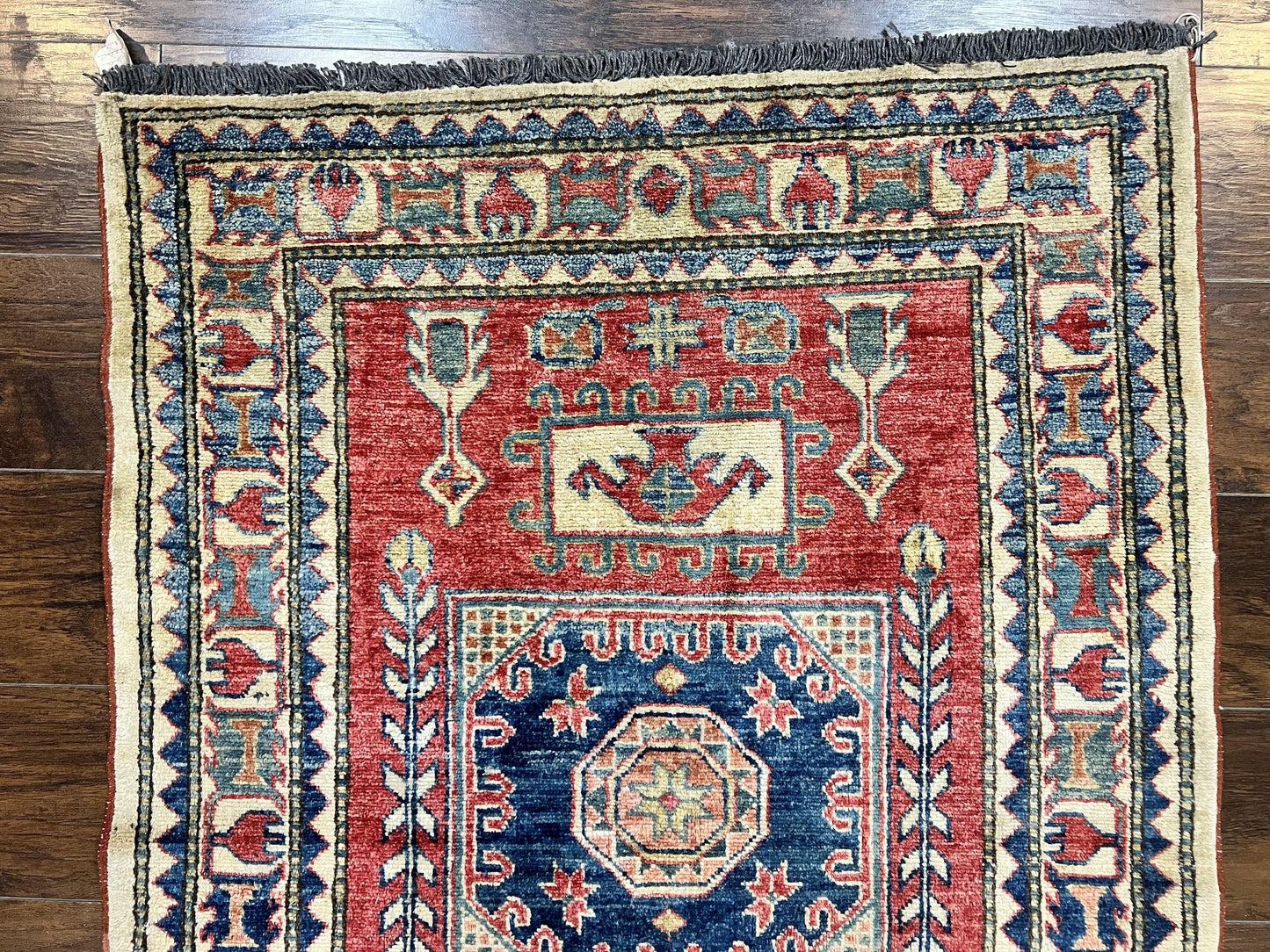 Turkish Kazak Rug 3x4, Wool Hand Knotted Small Vintage Carpet, Red Navy Blue, 3 x 4 Oriental Rug, Geometric Design