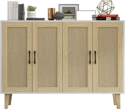 Buffet Storage Cabinet White Rattan Decor 4 Doors 48 Inch