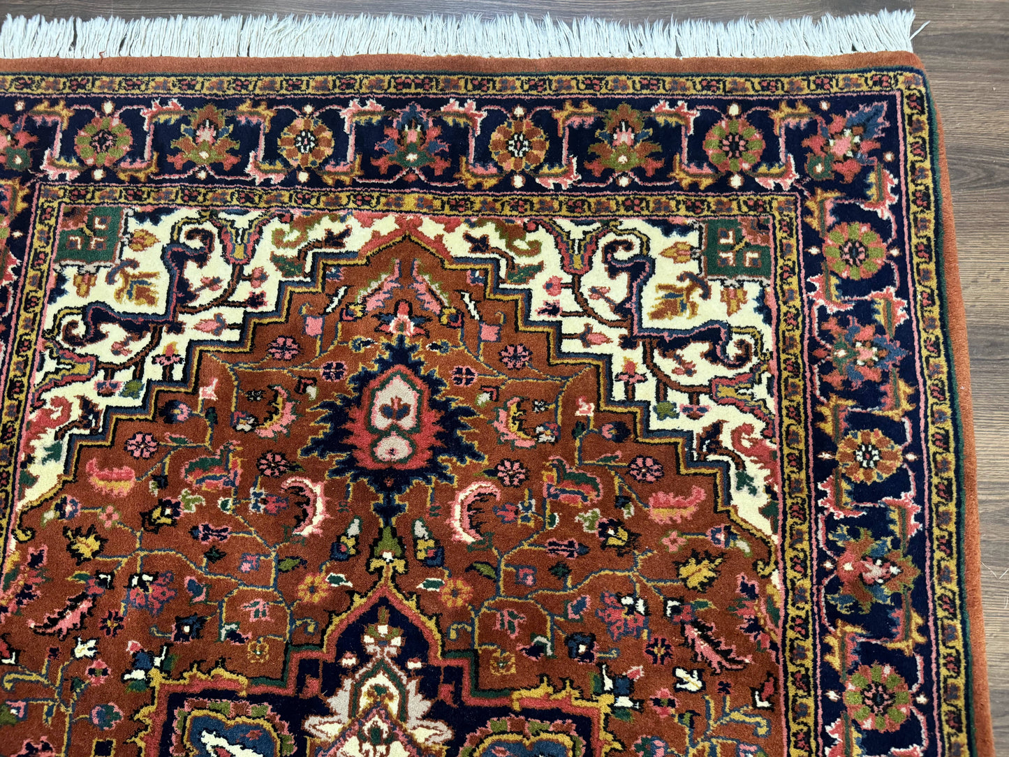 Indo Persian Heriz Rug 4x6, Rust Red Navy Blue and Cream