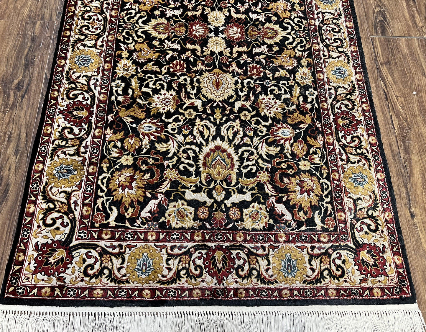 Sino Persian Silk Rug 3x5 Oriental Carpet 3 x 5 Fine Silk Rug, Black Ivory Gold, Animal Motifs, Flowers, High Quality, Vintage Silk Rug Wow