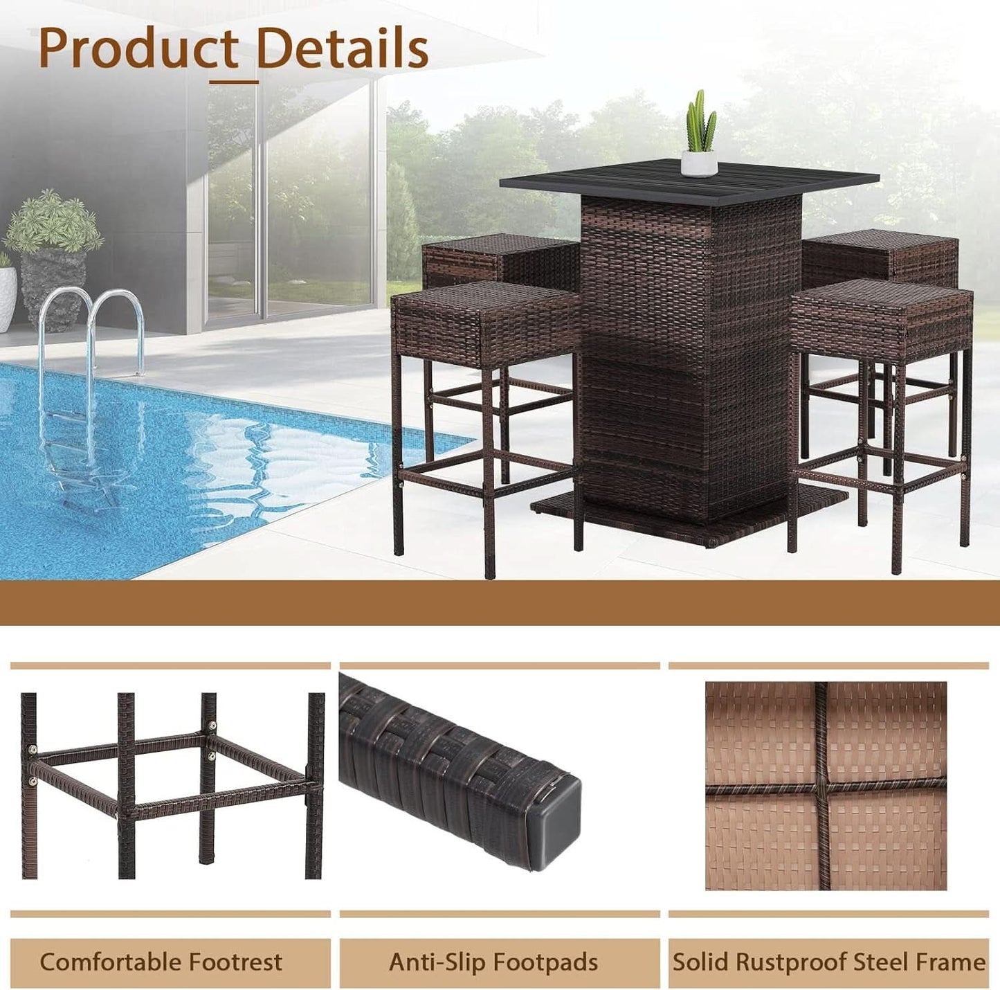 5 Piece Outdoor Bar Set Navy Blue Bar Height Table Storage