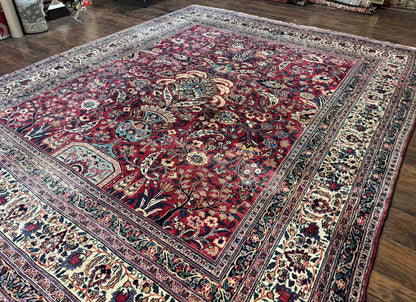 Antique Persian Mashad Rug 10x12, Red and Ivory, Signed by Master Weaver