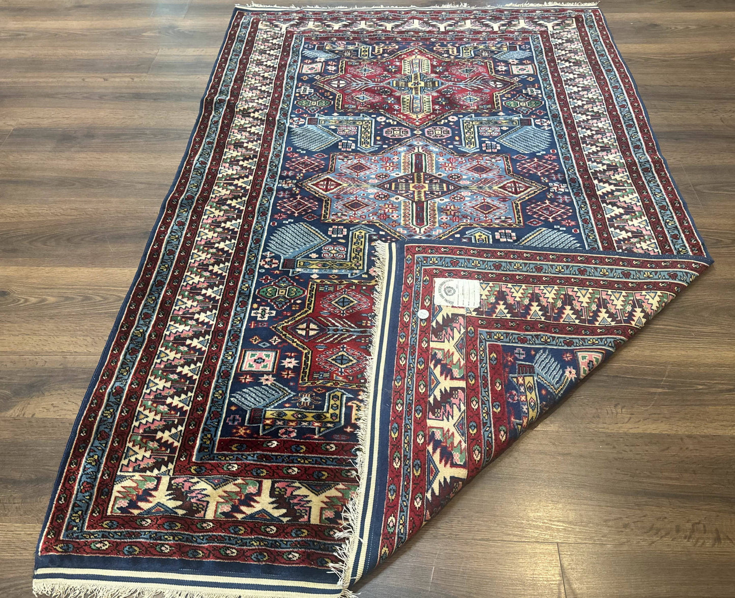 Indian Rug with Caucasian Design, 4x6 Geometric Carpet, Navy Blue and Cream