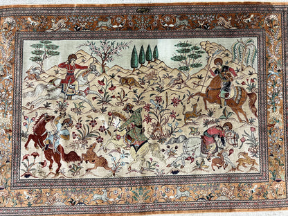 Silk Persian Qum Rug 3x5, Hunting Pattern, Handmade Vintage Carpet, Signed by Master Weaver, Horsemen Pictorials, Super Fine 650 KPSI