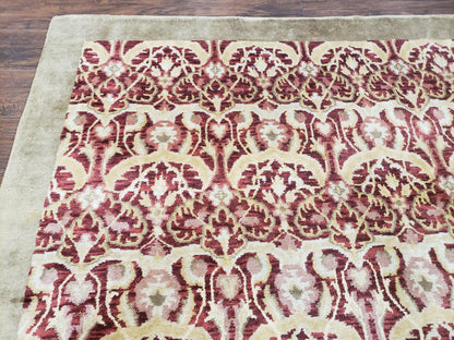 Contemporary Indian Nepalese Room Sized Rug 9 x 11.6, Wool Hand-Knotted Dark Red & Beige Soft Carpet, 9 x 12 Masterloom Living Room Rug