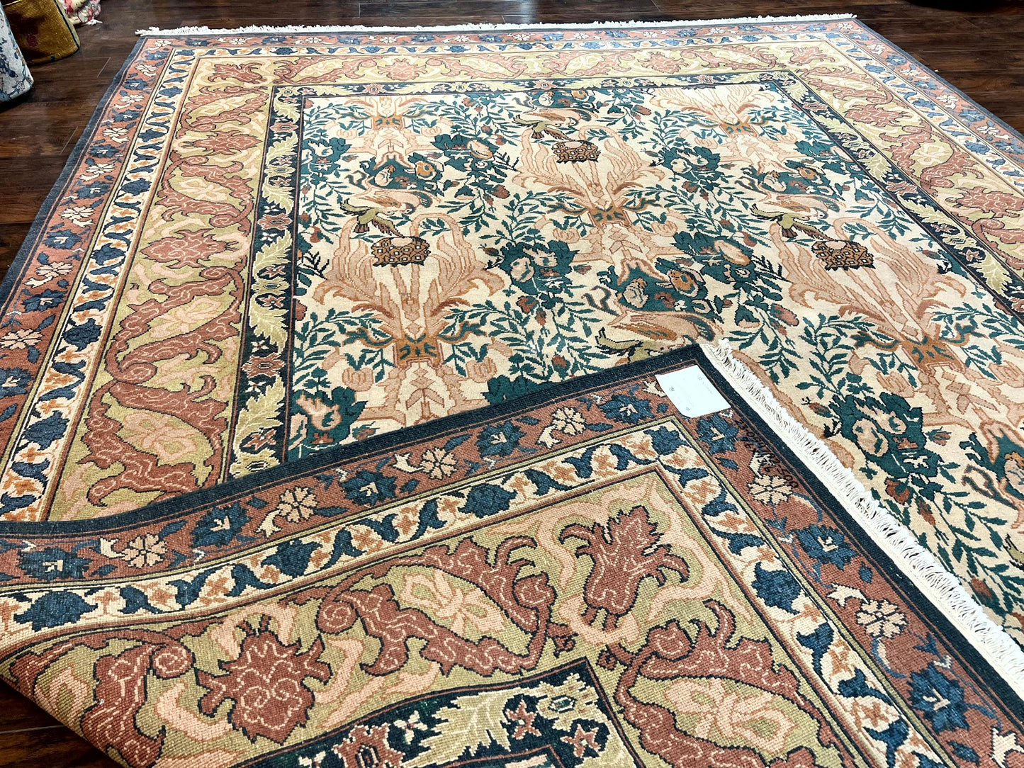 10x13 Wool Rug, Floral Pattern, Birds, Handmade Vintage Carpet, Couristan Rug, Beige