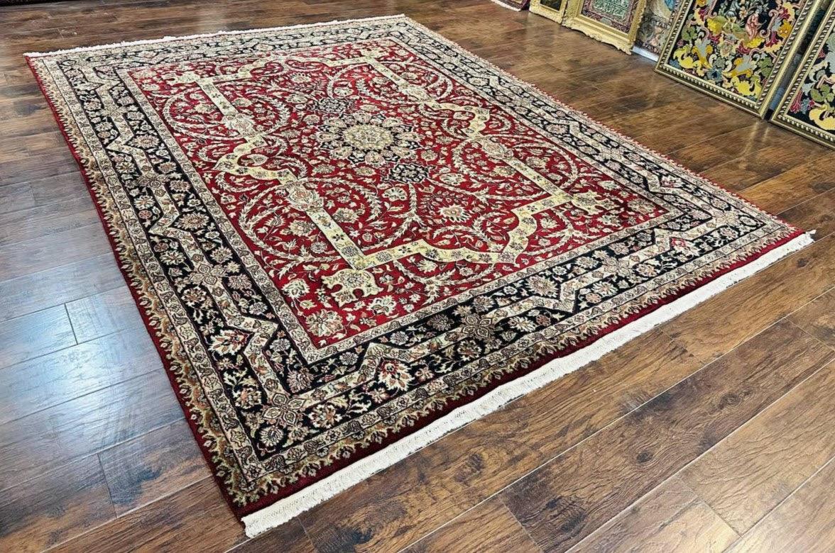 Indo Persian Rug 8x10, Red Vintage Wool Traditional Carpet, Floral, Handmade