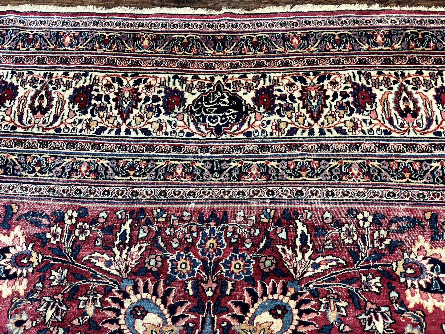 Antique Persian Mashad Rug 10x12, Red and Ivory, Signed by Master Weaver