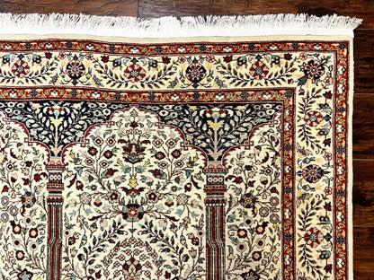 Pak Perisan Prayer Rug 4x6, Tree of LIfe Carpet, Handmade Vintage Wool Rug, Beige, Floral Vases