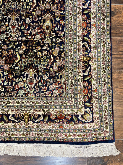 Silk Indian Kashmiri Rug 5x7, Navy Blue Indo Persian Silk Carpet 5 x 7 ft, Hand Knotted Handmade Very Fine Oriental Carpet, 450 KPSI, Birds