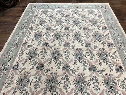 Belgium Power Loomed Rug 8x11, Ivory and Green, Wool Carpet, Floral