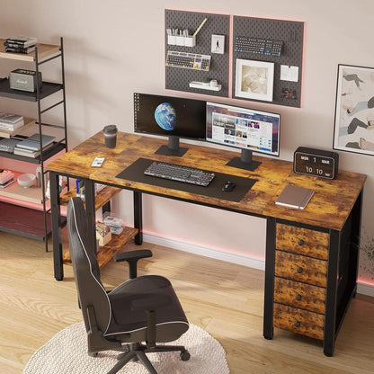 55 Inch Rustic Brown Computer Desk With 4 Fabric Drawers