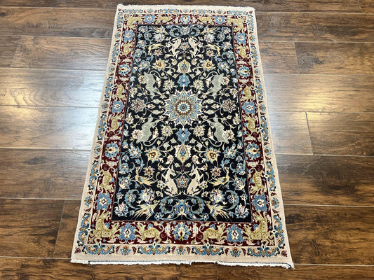 Wonderful Persian Isfahan Rug 2.4 x 4, Animal Pictorials Deer, Floral, Handmade Vintage Navy Blue Small Persian Carpet, Very Fine 430 KPSI Kork Wool