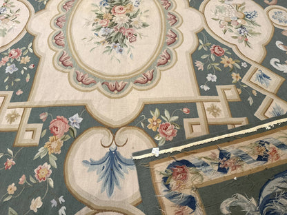 Aubusson Rug 9x12, Muted Sage Green and Cream, European Design