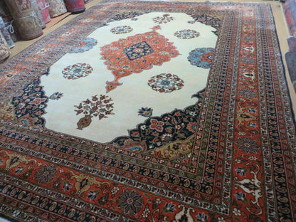 Indo Persian Rug 9x12, Semi Open Field Medallion, Ivory Tomato Red Navy Blue, Hand Knotted Indian Oriental Wool Carpet 9 x 12 ft, Room Sized