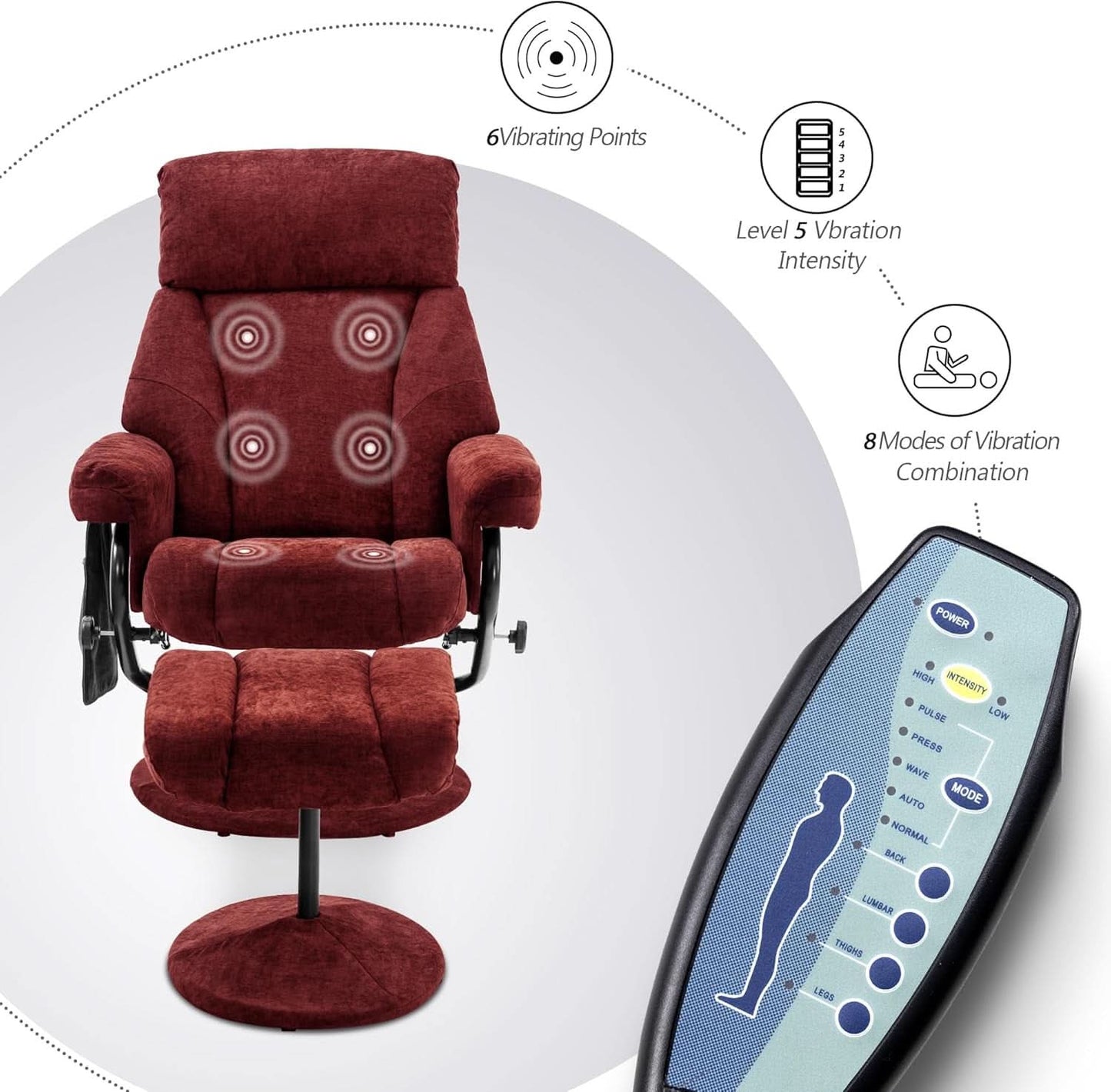 Burgundy Swivel Recliner With Ottoman Massage For RV