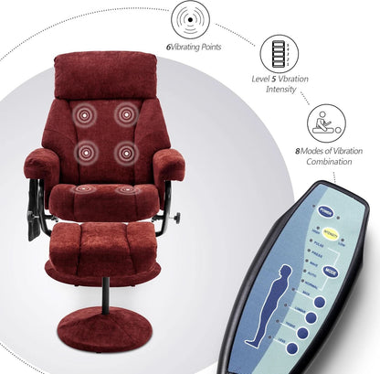 Burgundy Swivel Recliner With Ottoman Massage For RV