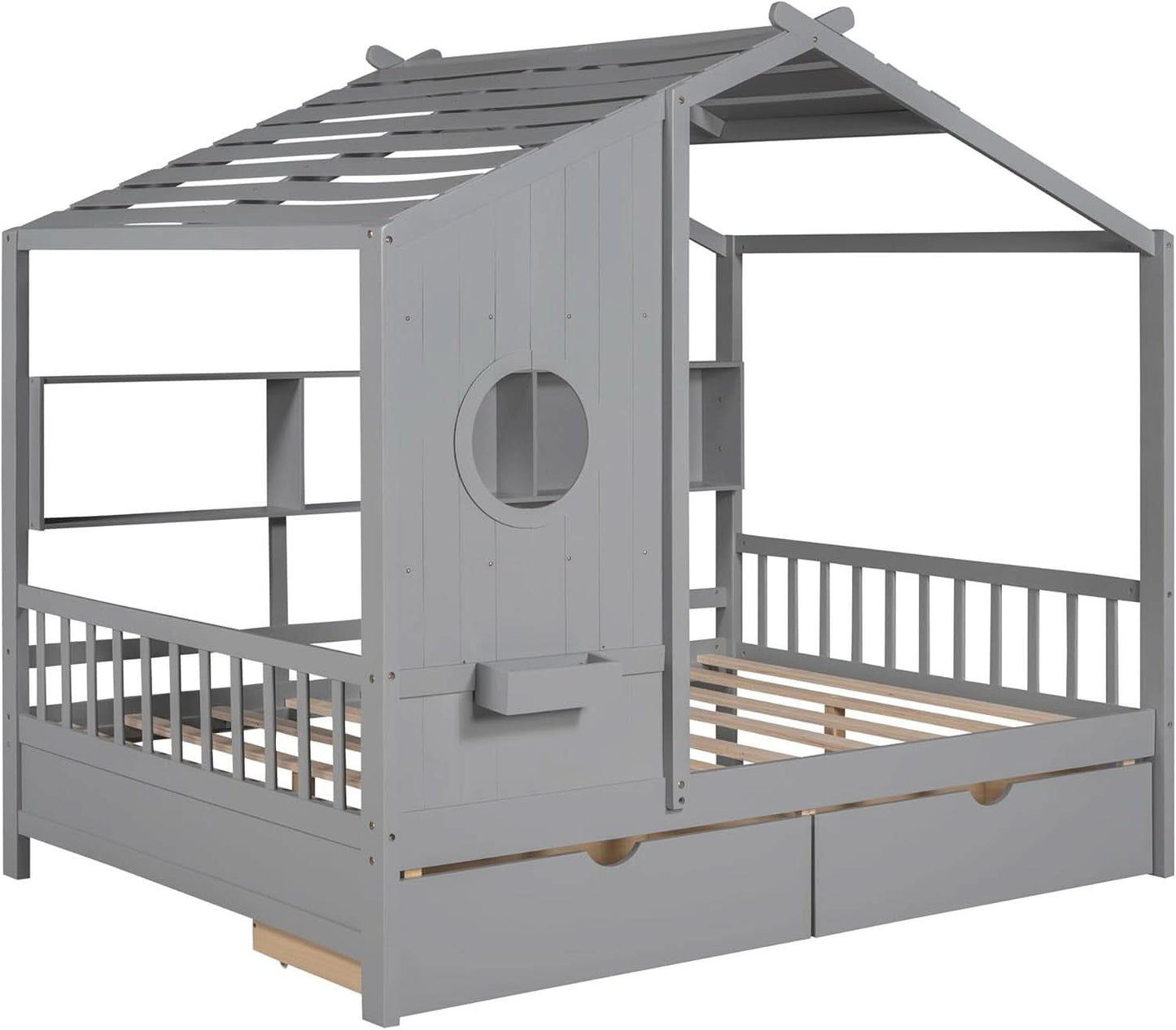 Kids Full Playhouse Bed With Drawers Shelves Storage