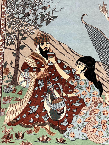 Indo Persian Pictorial Rug 4x7, Handmade Hand Knotted Wool Semi Antique Horizontal Carpet, Men & Women Drinking, Fine Rug, Bird Pictorials