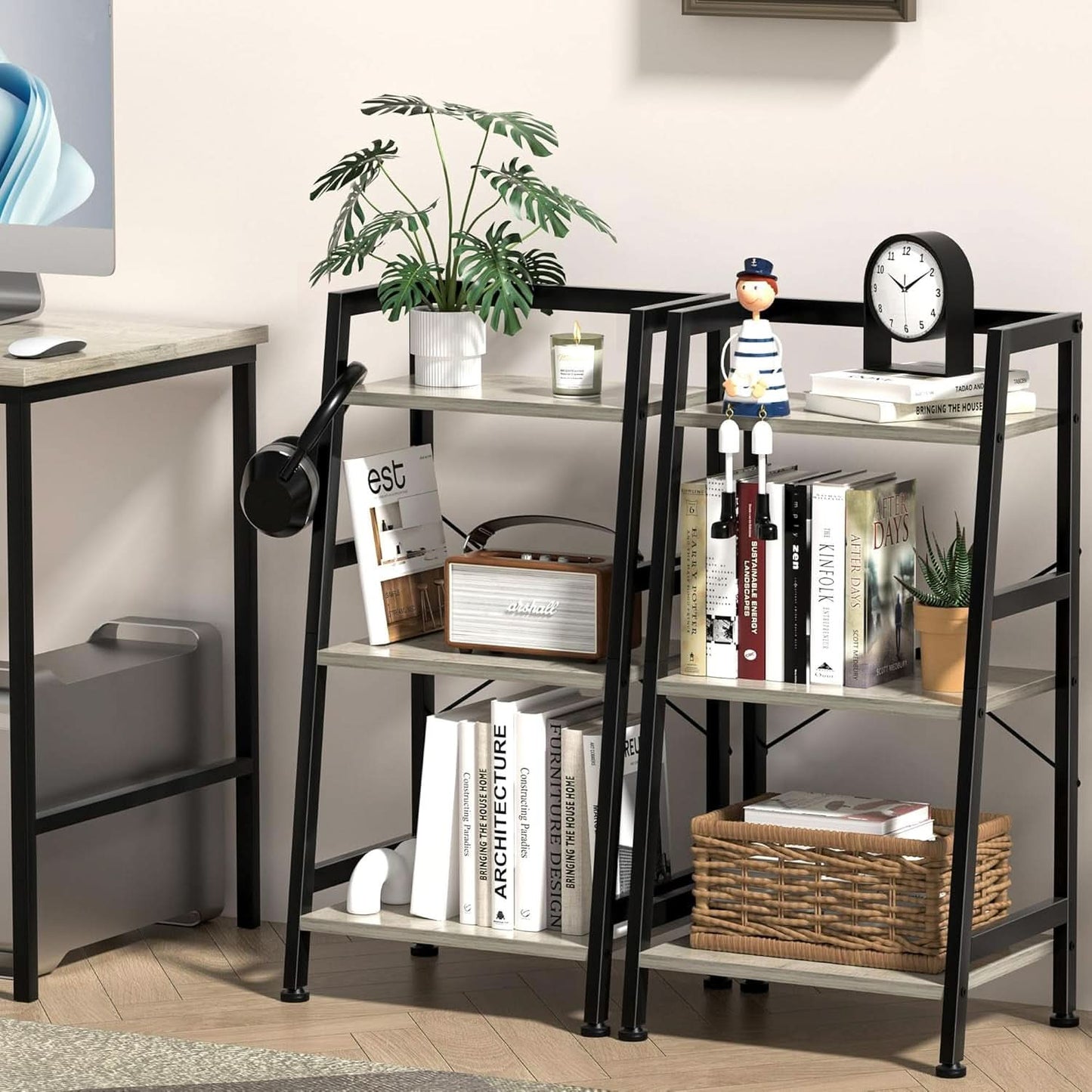 3-Tier Ladder Bookshelf With Steel Frame Greige Black