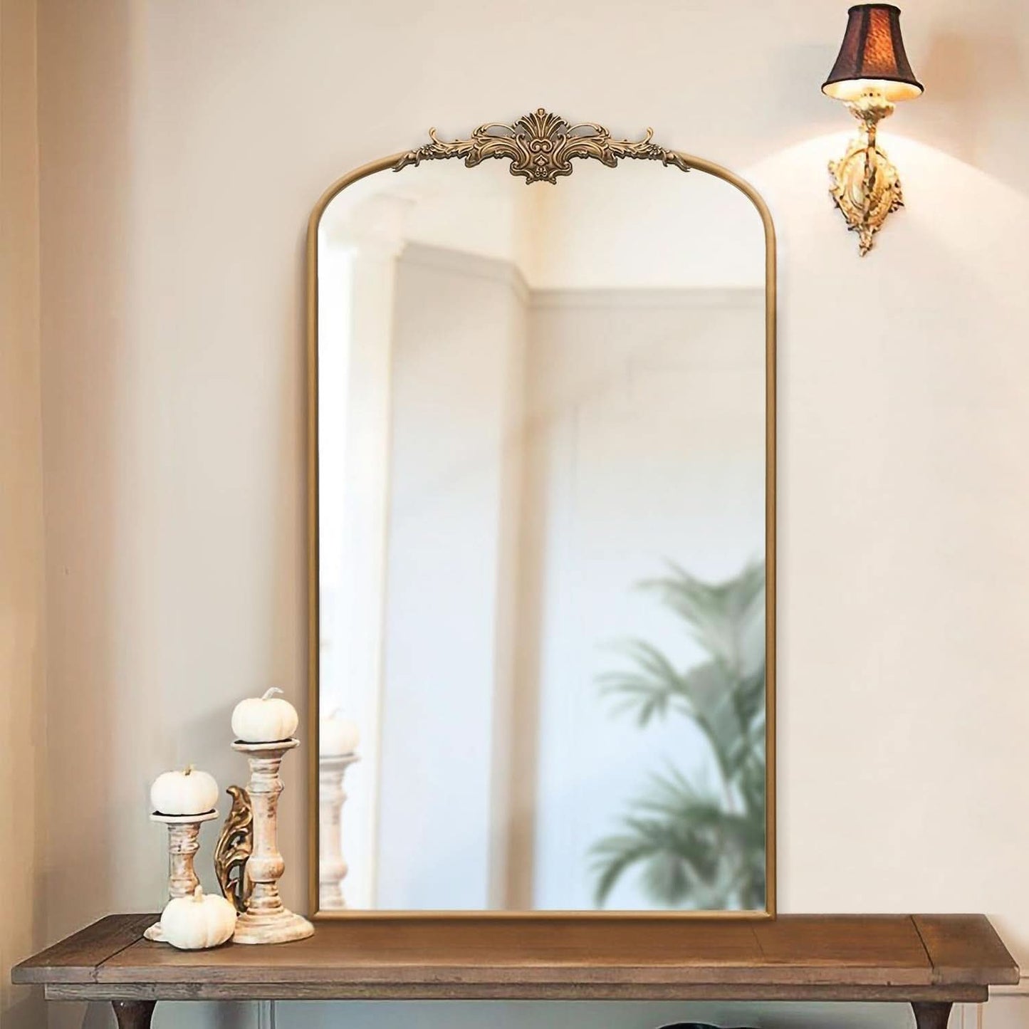 Arched Gold Baroque Mirror 42x24 Inch Wall Mounted