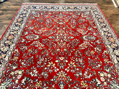 Indo Persian Sarouk Rug 8x10, Red, Floral Allover, Handmade Vintage Wool Carpet, Traditional Rug