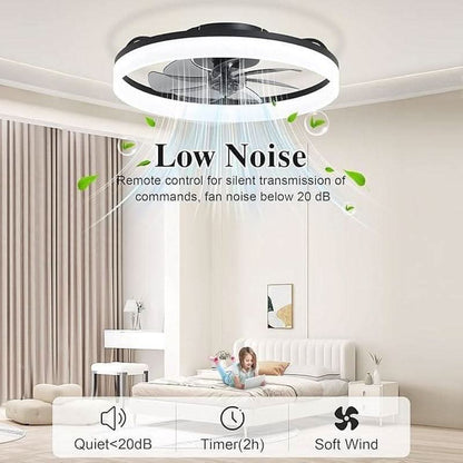 20 Inch Ceiling Fan With Remote DC Motor Black Finish Low Profile Energy Efficient With Dimmable LED Light