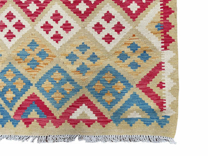 3x5 Kilim Rug Multicolor Tribal Kilim Rug 3 x 5 Tan Light Blue Red Beige New Turkish Anatolian Wool Kilim Flatweave Rug