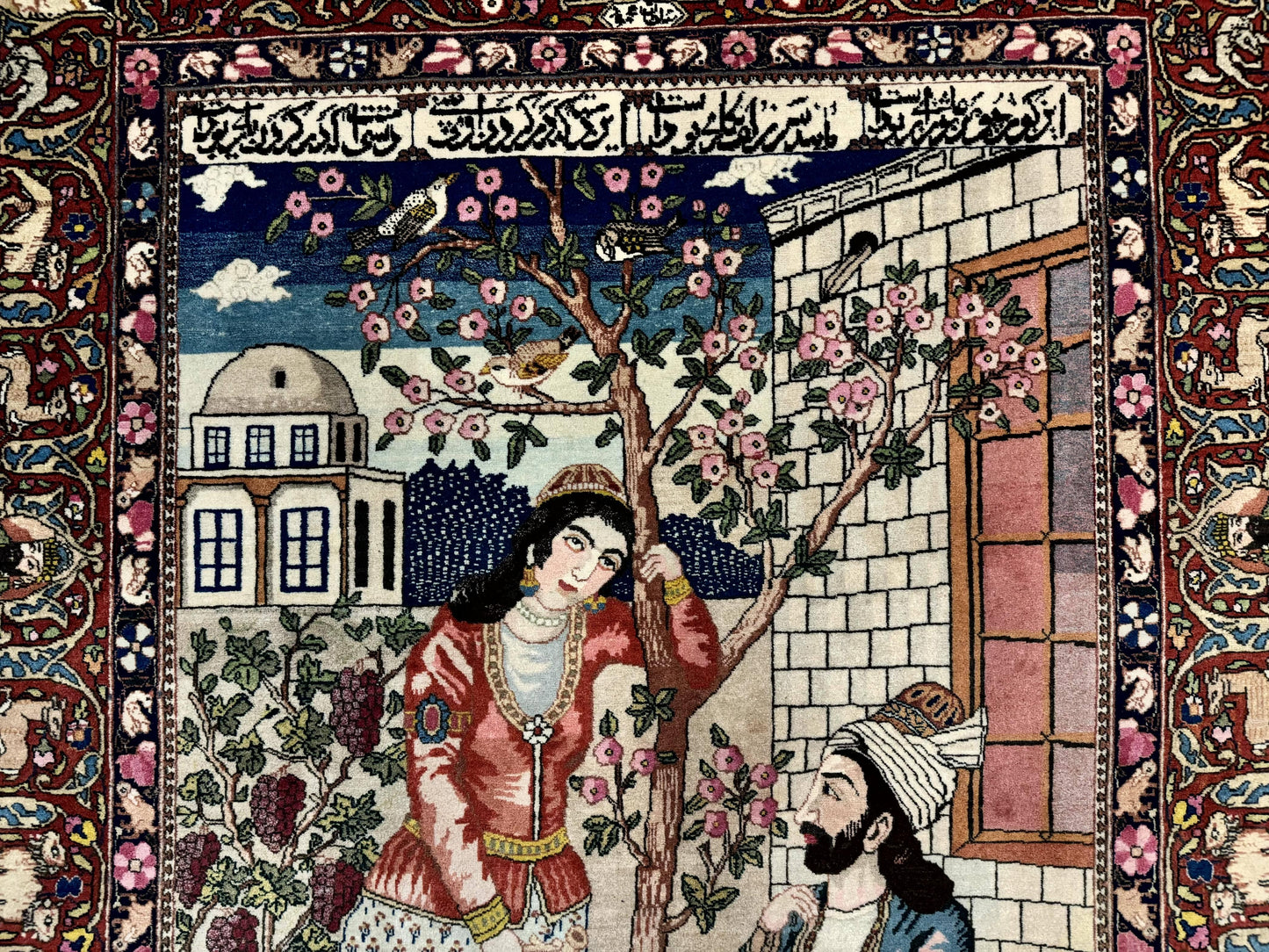 Wonderful Persian Kashan Pictorial Rug 4.7 x 6.5, Persian Rug for Wall Hanging, Handmade Antique Wool Carpet Animal Motifs Poetry Lovers, 240 KPSI